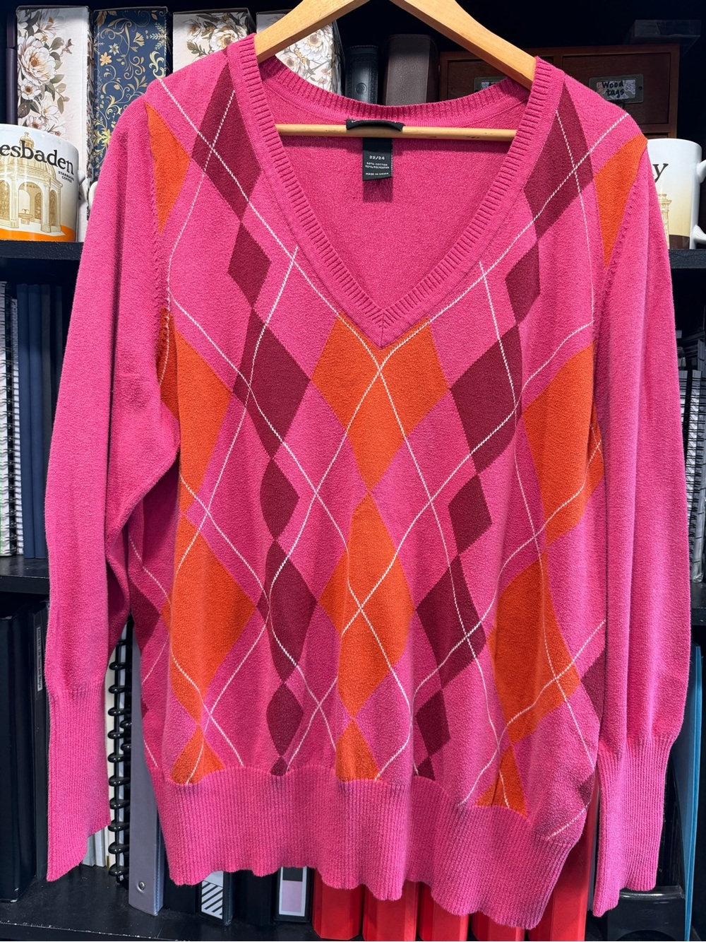 Lane Bryant Pink & Orange Argyle V-Neck Sweater